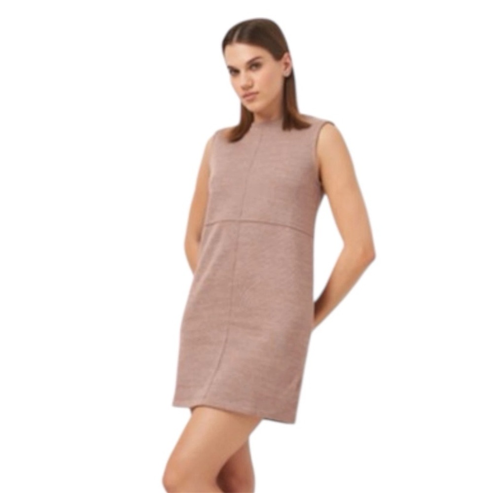 Zara Knit Shift Dress Medium Taupe Sleeveless Mini Mock Neck Minimalist